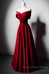 Wine Red Satin Off Shoulder A-Line Party Dress, Wine Red Long Formal Dress Semi Formal Prom Dress